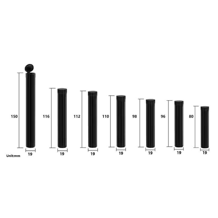 Various sizes of black plastic pop-top tubes for cannabis packaging with dimensions in mm.
