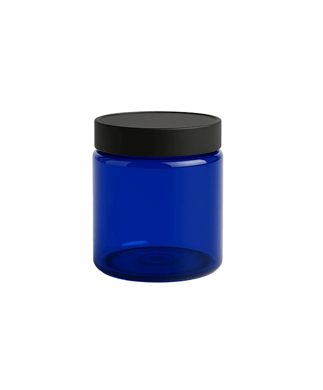 Cobalt blue OkieJarz® PET jar with black child-resistant lid, perfect for cannabis and edibles.