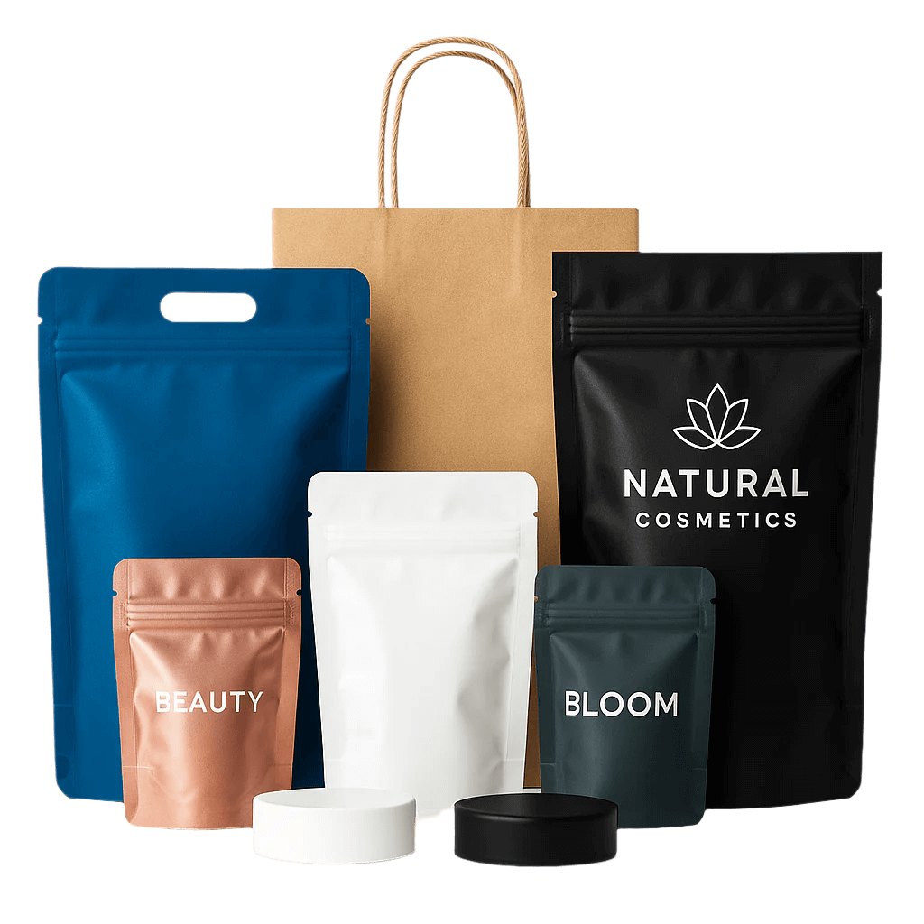 Mylar and kraft paper packaging for natural cosmetics, featuring colorful bags and a shopping bag.