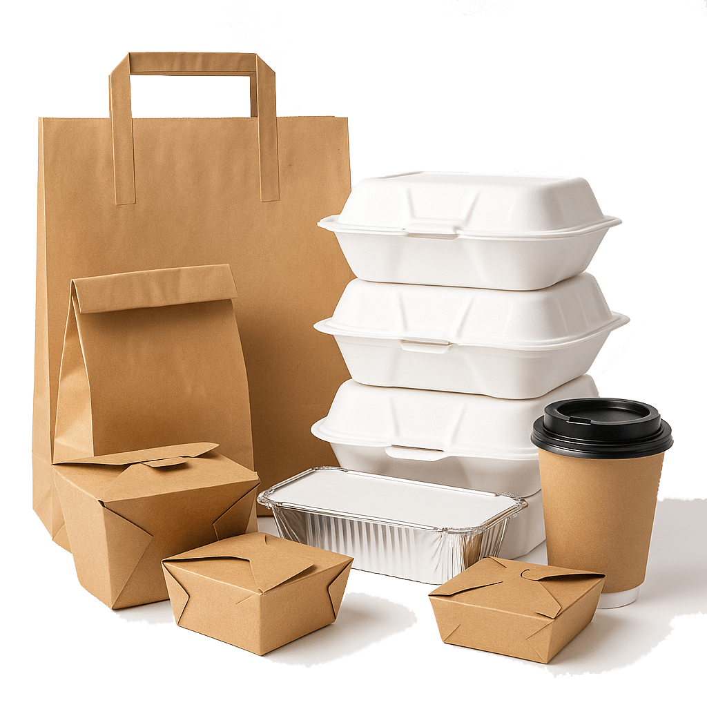 Assorted restaurant packaging including takeout boxes, bags, and cups for foodservice solutions.