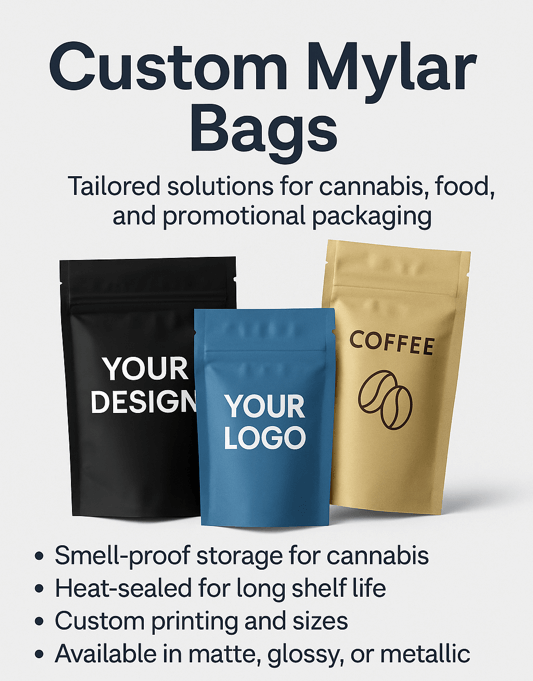 Custom Mylar bags in various designs for cannabis, food, and retail packaging with features listed.