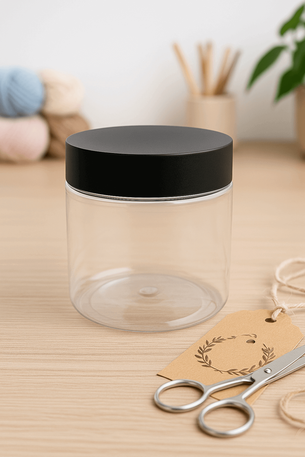 Clear plastic jar with black lid on a wooden table, surrounded by crafting tools and a tag.