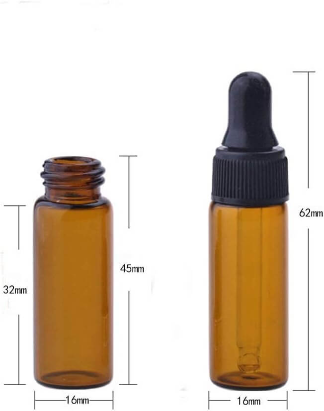 Amber glass dropper bottles, 4ml size with precise droppers, ideal for essential oils and perfumes, dimensions included.