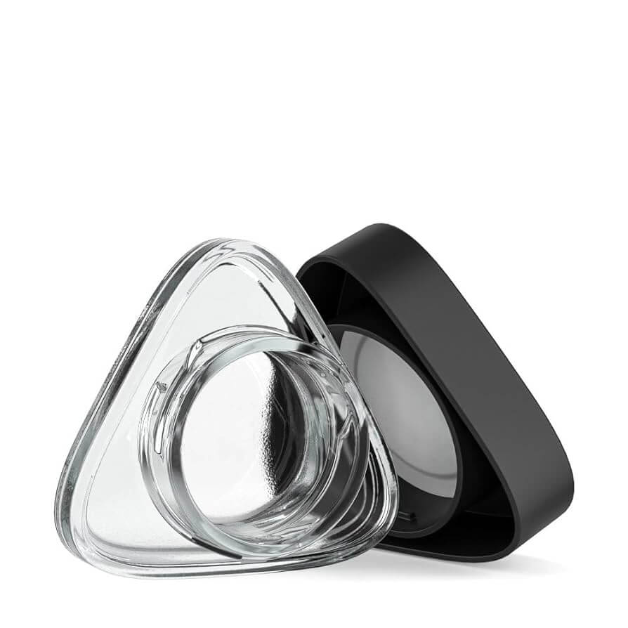 Child-resistant 9ml triangle glass jar with black lid, ideal for concentrates and premium products.