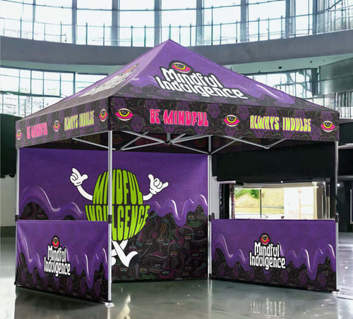 Custom 10x10 pop-up tent with vibrant purple graphics for brand promotion at events.