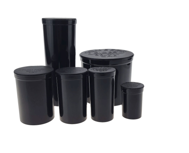 GLS Pop Top Dram Containers in various sizes, black color, designed for safe cannabis packaging and convenience.