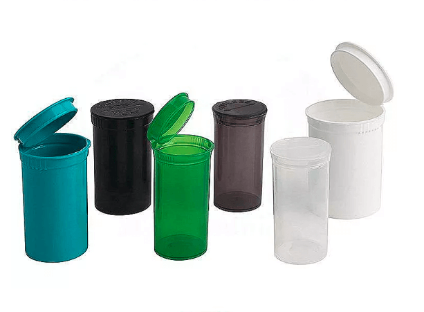 Various colored Pop Top Dram containers showcasing convenience and safety for cannabis packaging.