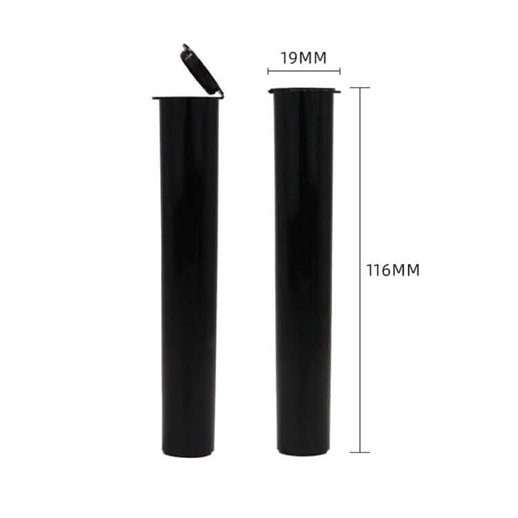 116mm Pop Top Tube in black, child-resistant, food-grade packaging for pre-rolls and edibles.