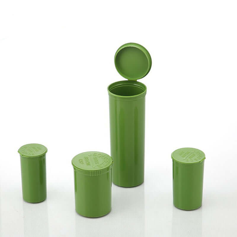 Pop Top Dram Containers in green color, showcasing various sizes and child-resistant lids for cannabis packaging.