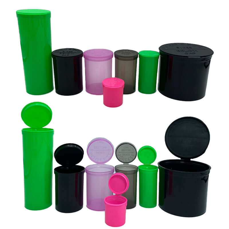 Variety of GLS Pop Top Dram Containers in multiple colors including green, black, purple, and pink for cannabis packaging.