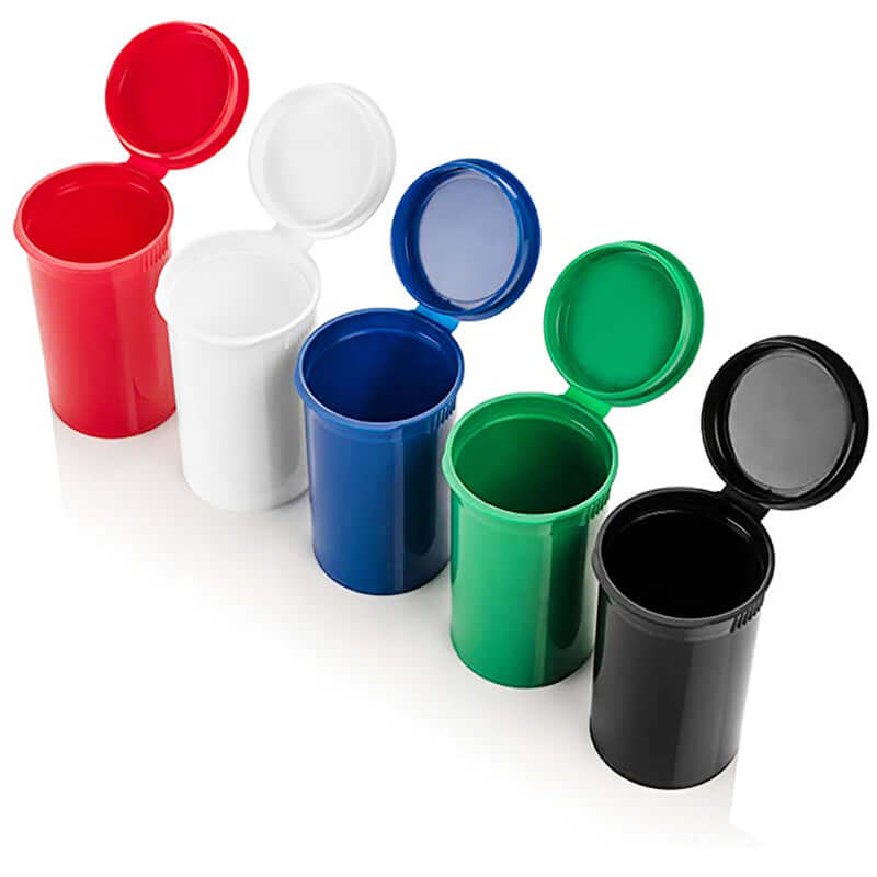 Colorful pop top dram containers in red, white, blue, green, and black, perfect for cannabis packaging.