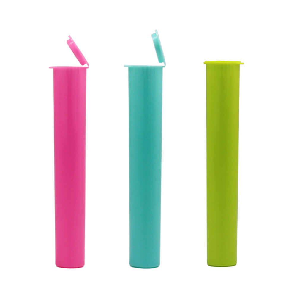 Colorful 116mm pop top tubes in pink, blue, and green for child-resistant, food-grade packaging solutions.