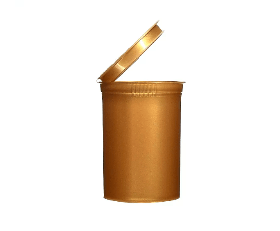 Gold pop top dram container with an open lid, ideal for cannabis packaging and conforming to safety standards.