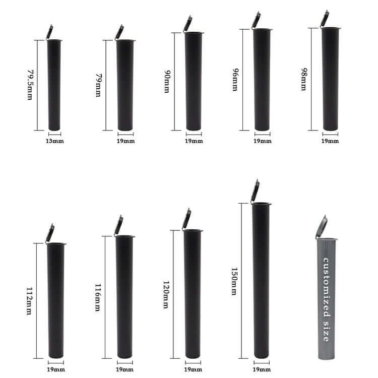 Various sizes of black pop top tubes for packaging, including 75mm to 150mm options, child-resistant and food-grade.