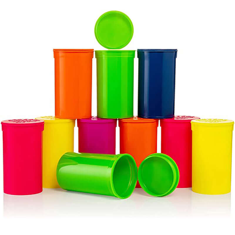 Colorful GLS Pop Top Dram Containers stacked, showcasing vibrant hues and modern cannabis packaging solutions.