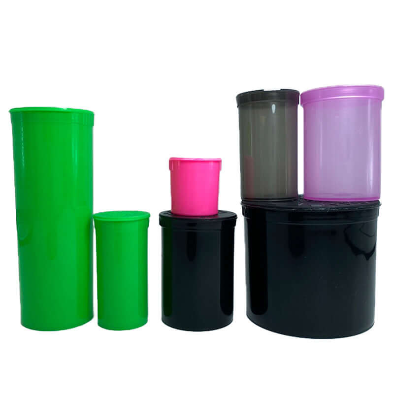 Colorful GLS Pop Top Dram Containers in various sizes: green, pink, black, and clear, offering convenient and safe cannabis packaging.