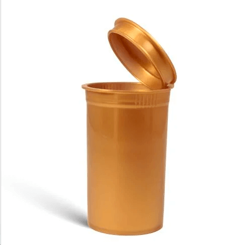 Gold pop top dram container with an open lid, ideal for cannabis packaging and ensuring child-resistant safety.