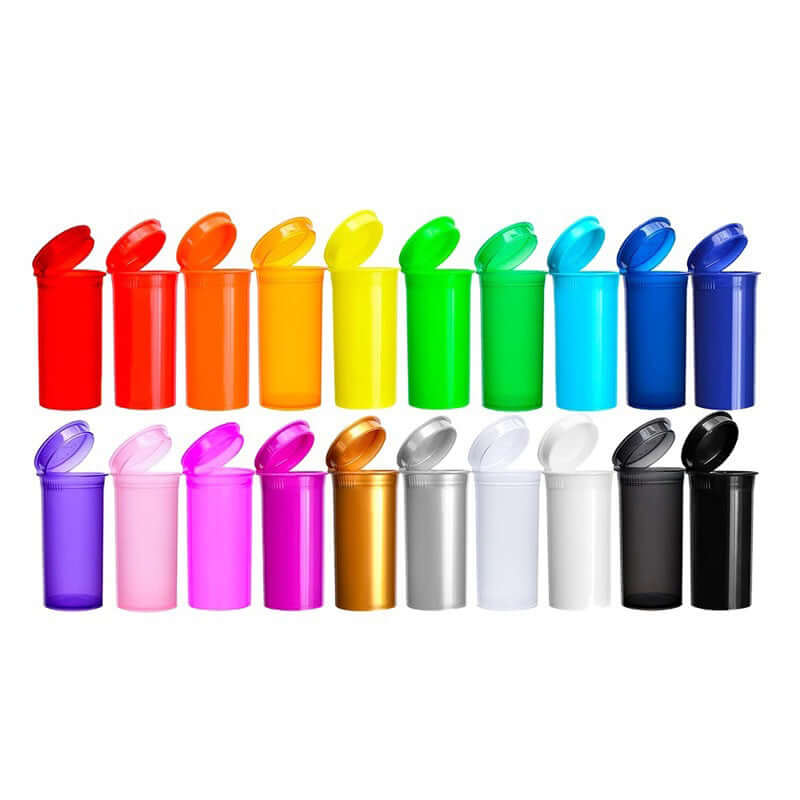 Colorful Pop Top Dram Containers in various shades for cannabis packaging safety and convenience.