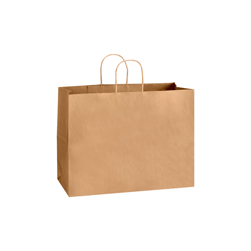 Kraft paper shopping bag with handles, eco-friendly and durable for retail use.