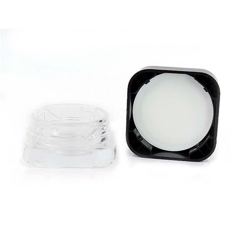 5 ML square clear glass jar with black lid, perfect for concentrates, oils, and cosmetics packaging.