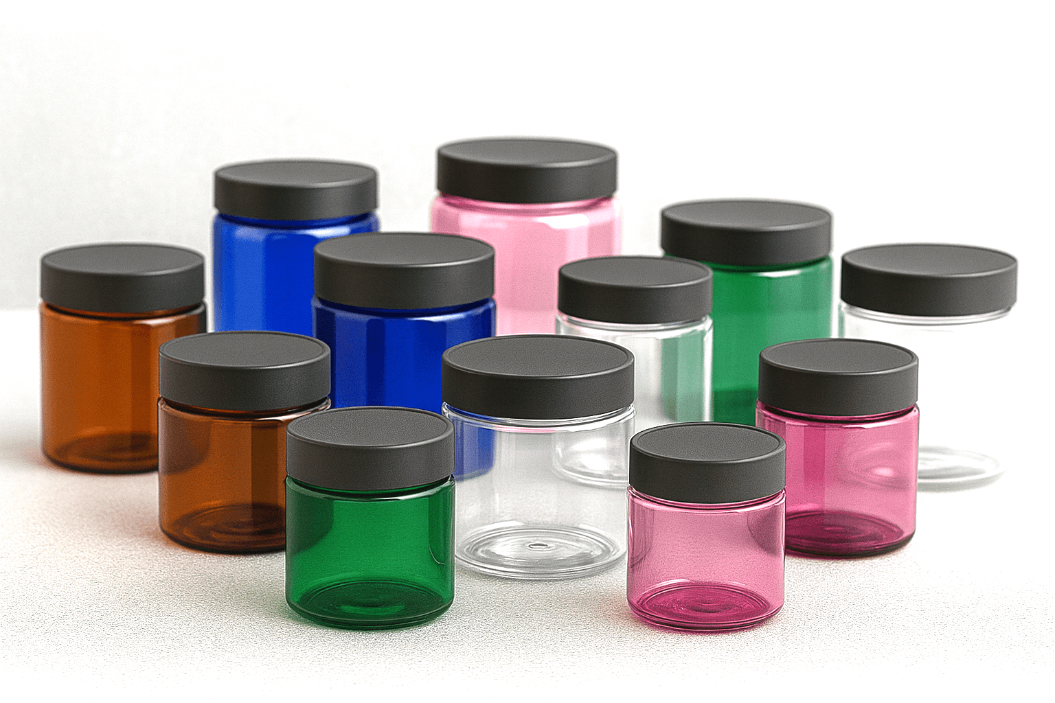 Assorted sizes and colors of PET jars. 