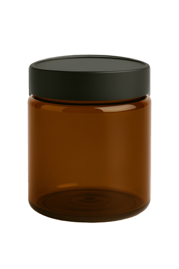 Amber PET jar with a child-resistant cap, ideal for safe packaging of products.