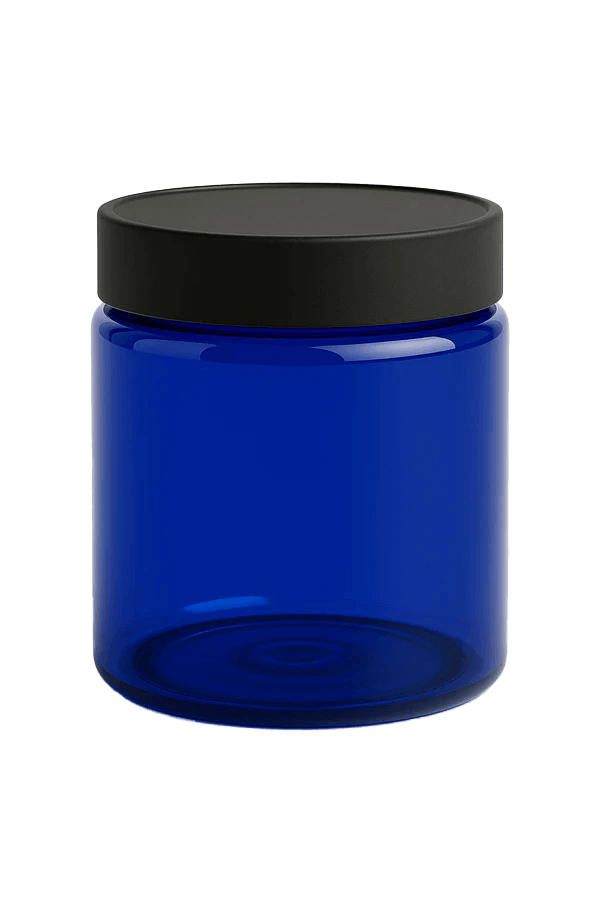 Cobalt blue straight-sided PET jar with black child-resistant cap, ideal for safe storage.