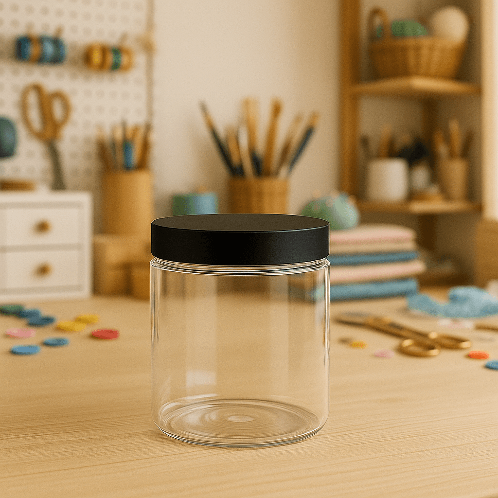Classic straight-sided clear PET jar with child-resistant cap on a crafting table background.