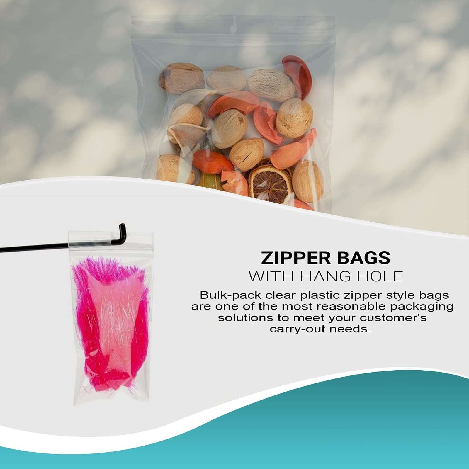 Pack of 500 heavy-duty 12x15 zipper bags with hang hole for food and industrial storage solutions.