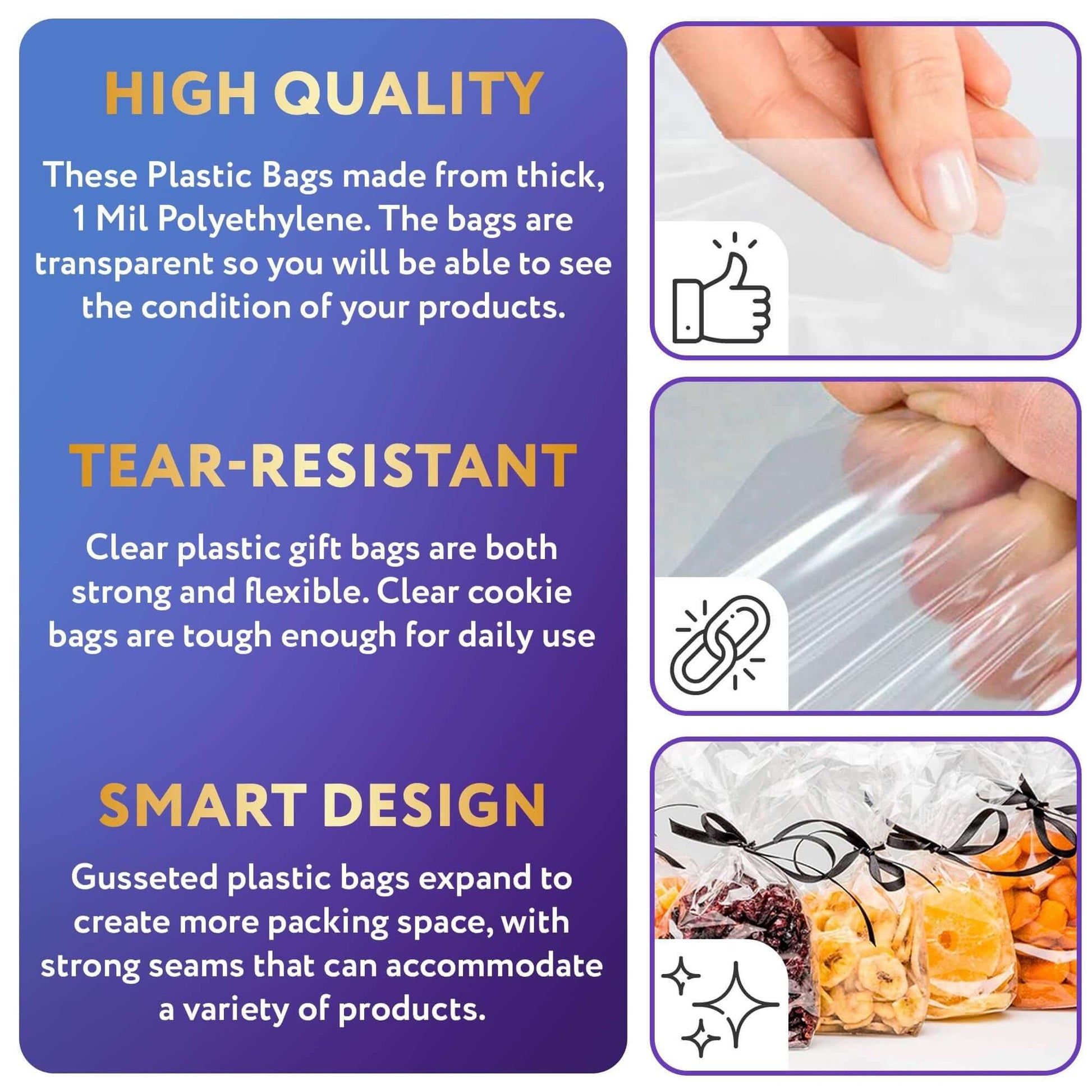 High-quality 1 Mil gusseted poly bags, tear-resistant and designed for versatile packaging of baked goods and treats.