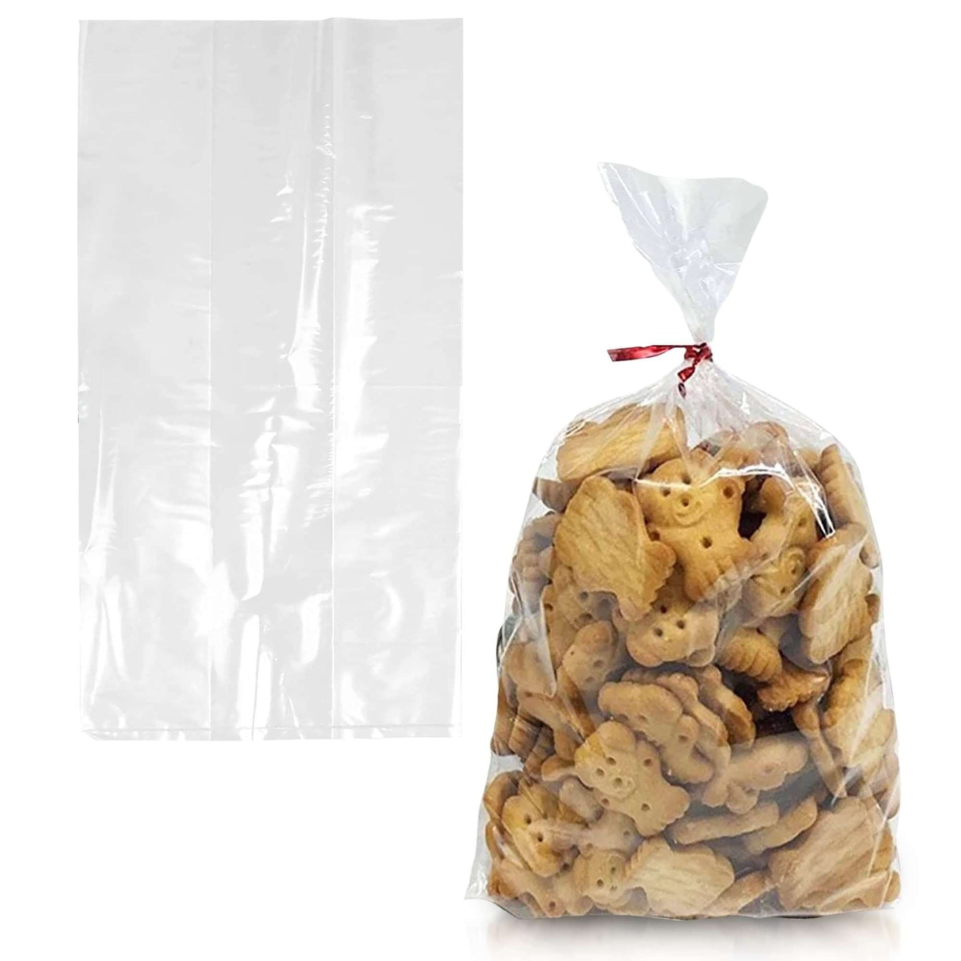Clear gusseted poly bags with cookies, 6 x 3 x 12 inches, pack of 100, waterproof treat bags for packaging baked goods.