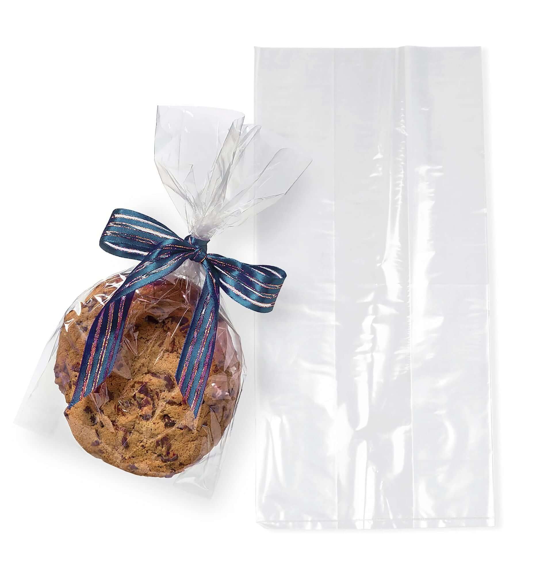 Clear gusseted poly bag with cookie, ideal for packaging baked treats, favors, and gifts.