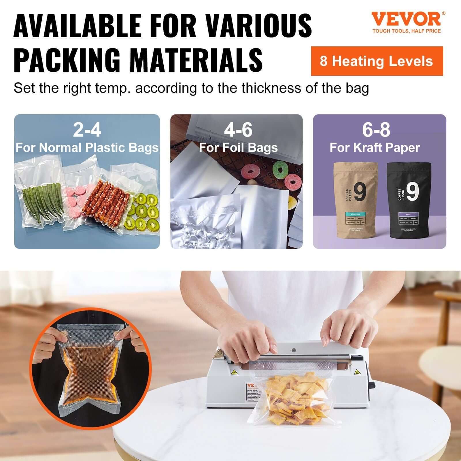 VEVOR Impulse Sealer with adjustable heating levels for various packing materials including plastic, foil, and kraft bags.