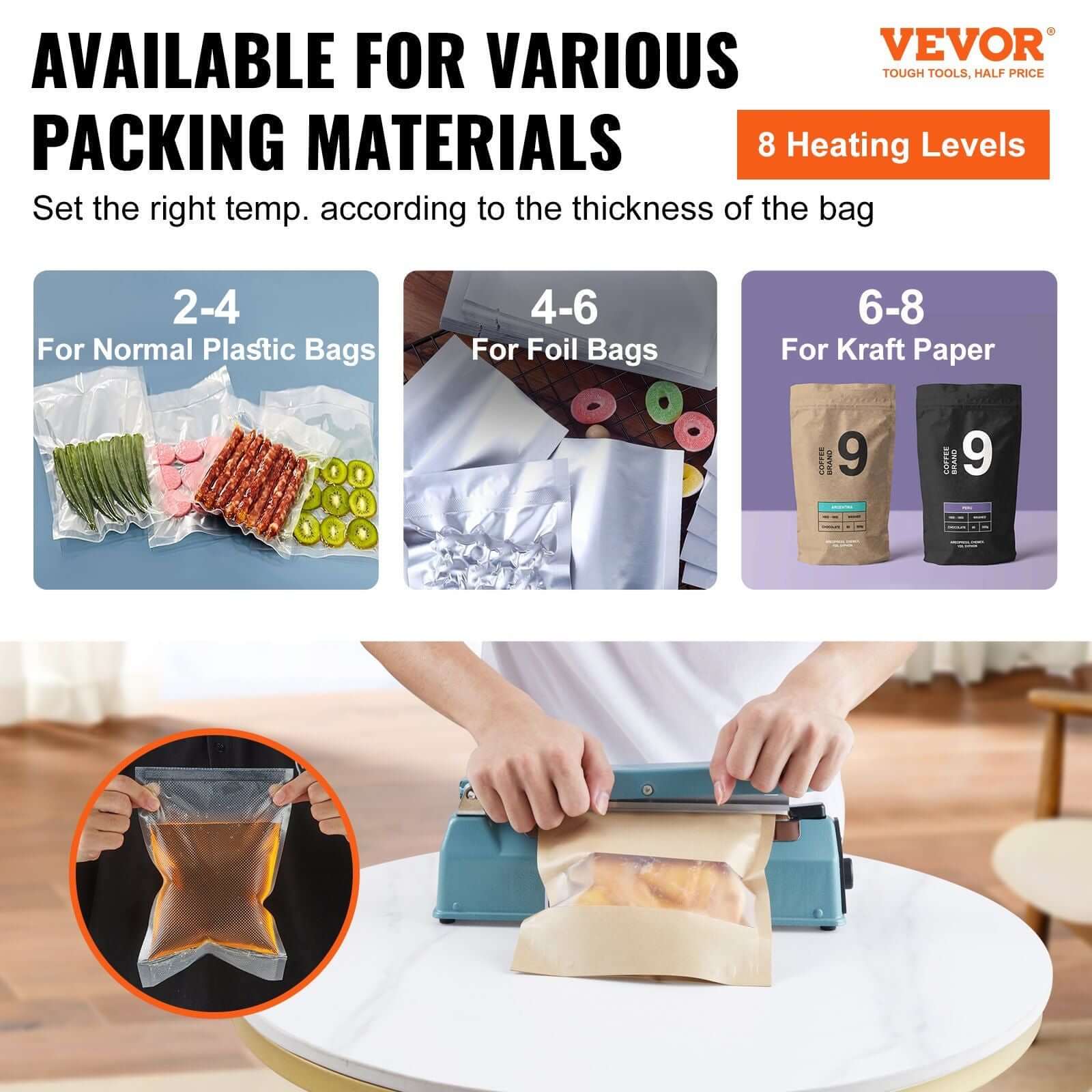 VEVOR Impulse Sealer image showing adjustable heating for various bag types: plastic, foil, kraft paper.