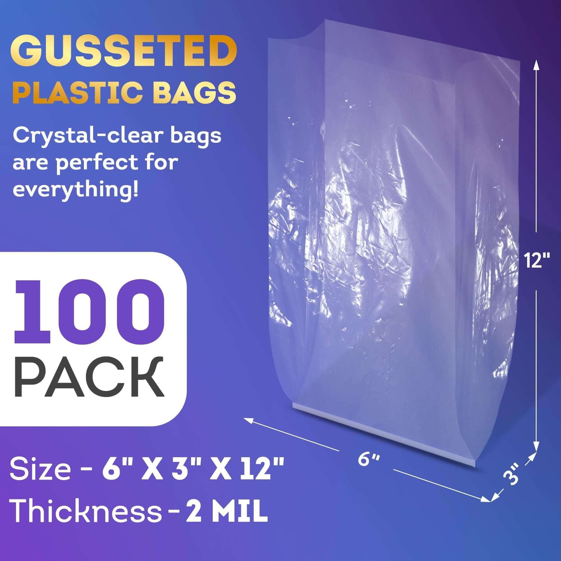 Clear gusseted plastic bags, 6x3x12 inches, pack of 100, 2 mil thick, perfect for packaging treats.