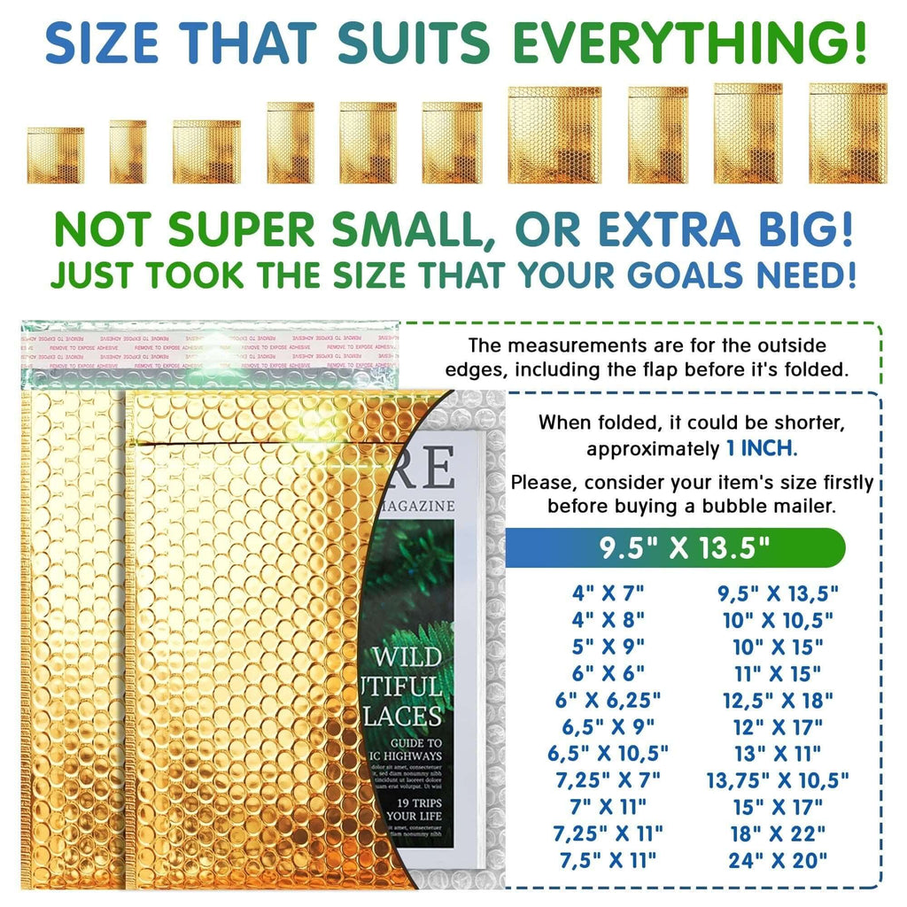 Size guide for 9.5 x 13.5 inches gold metallic bubble mailers with various dimensions highlighted.