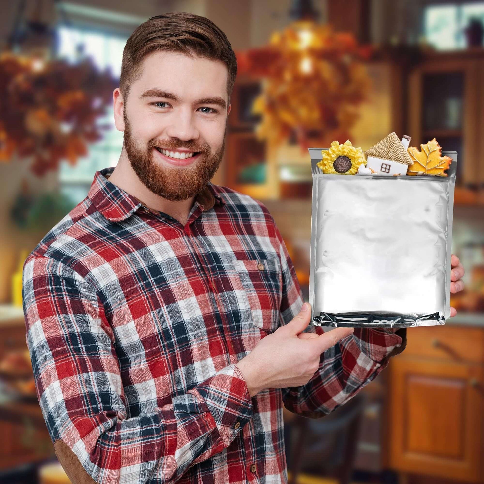 Man holding an insulated mailer bag filled with decorative items in a cozy kitchen setting.
