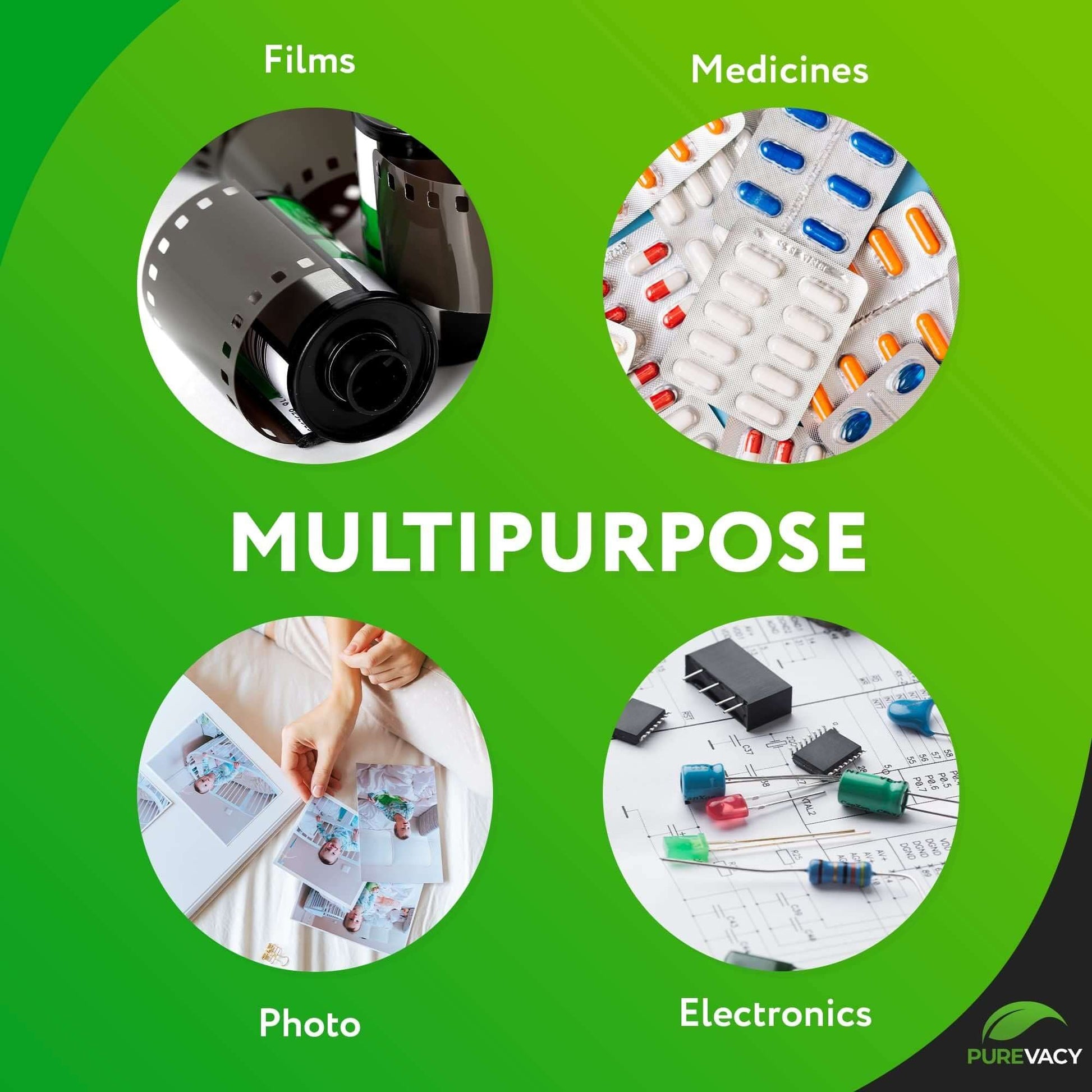 Multipurpose image showcasing films, medicines, photo organization, and electronics.