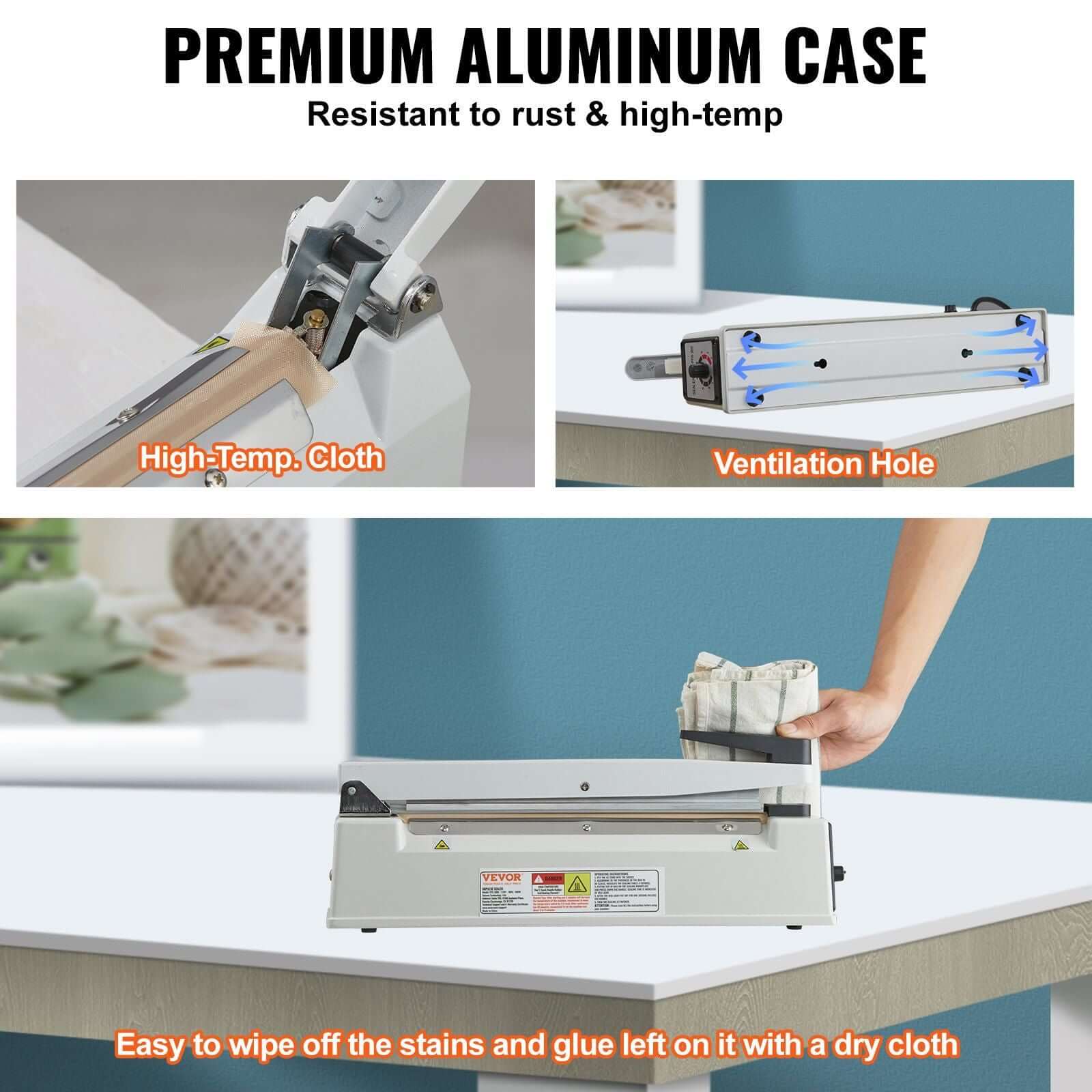 VEVOR Impulse Sealer showing premium aluminum case, high-temp cloth, and ventilation hole for durability and easy cleaning.