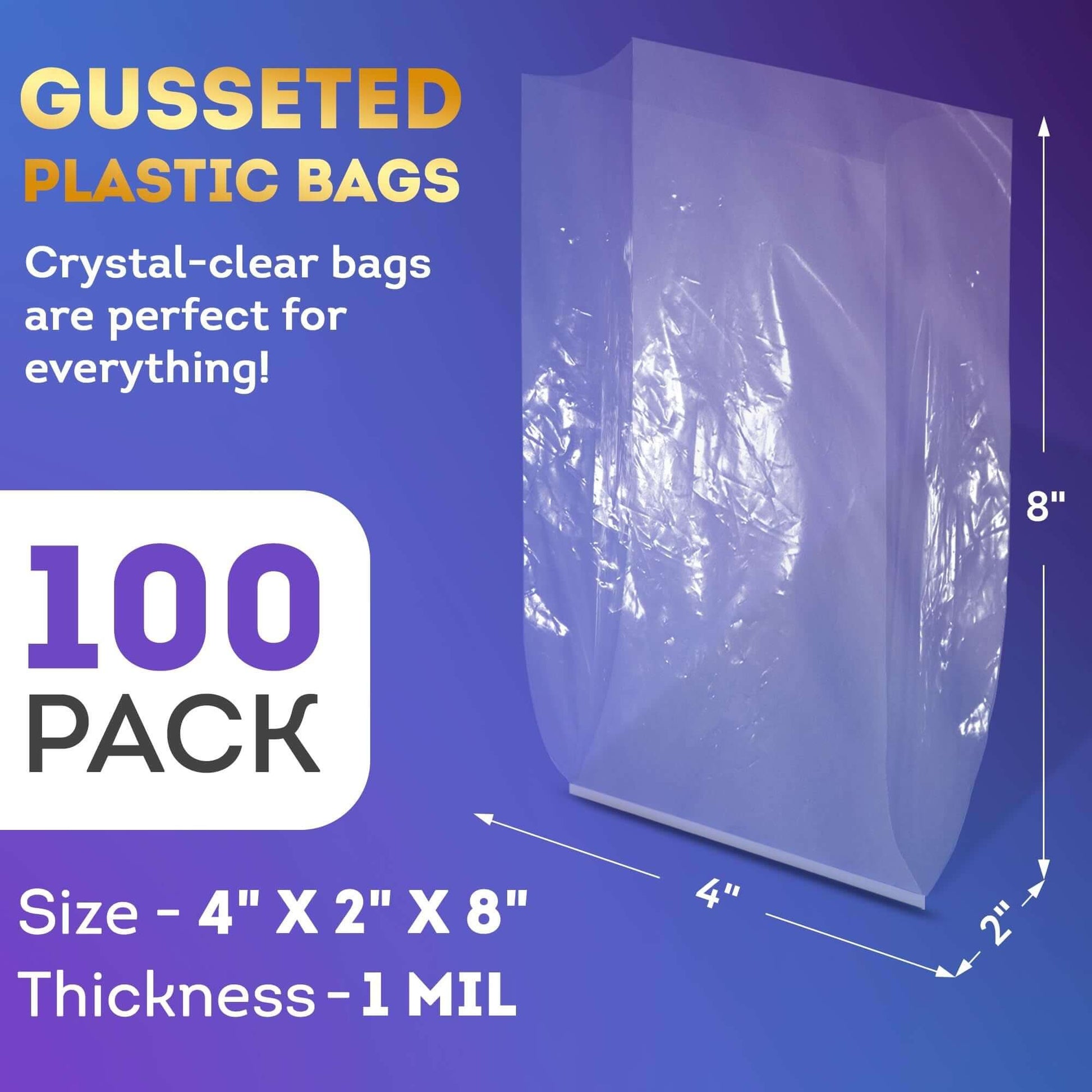 Clear gusseted plastic bags, 4" x 2" x 8", 100 pack, 1 mil thick, ideal for cookies and treats.