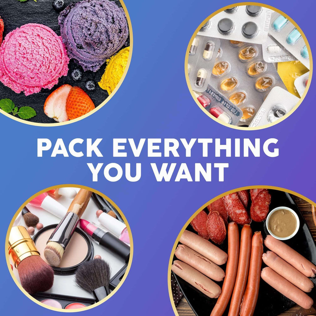 Collage of ice cream, cosmetics, medication, and food products with text "Pack Everything You Want"