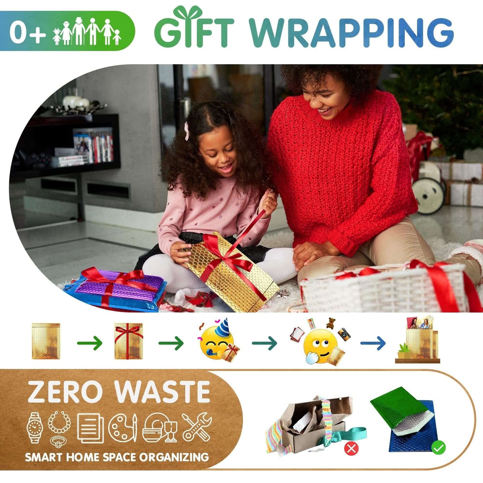 Children enjoying gift wrapping together in a cozy setting for a zero waste approach to organizing.