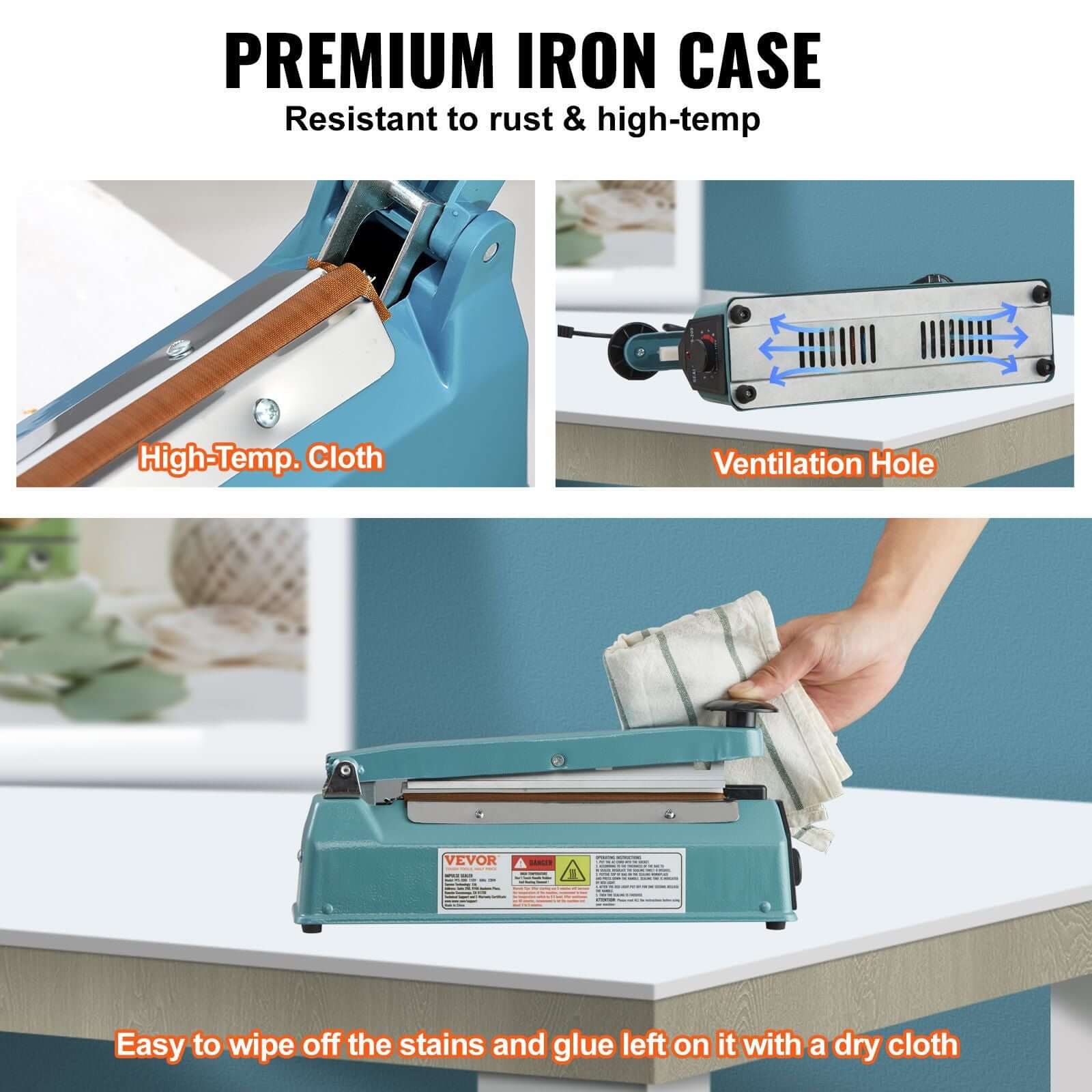 VEVOR Impulse Sealer with premium iron case, featuring high-temp cloth and ventilation hole, easy to clean for efficient sealing.