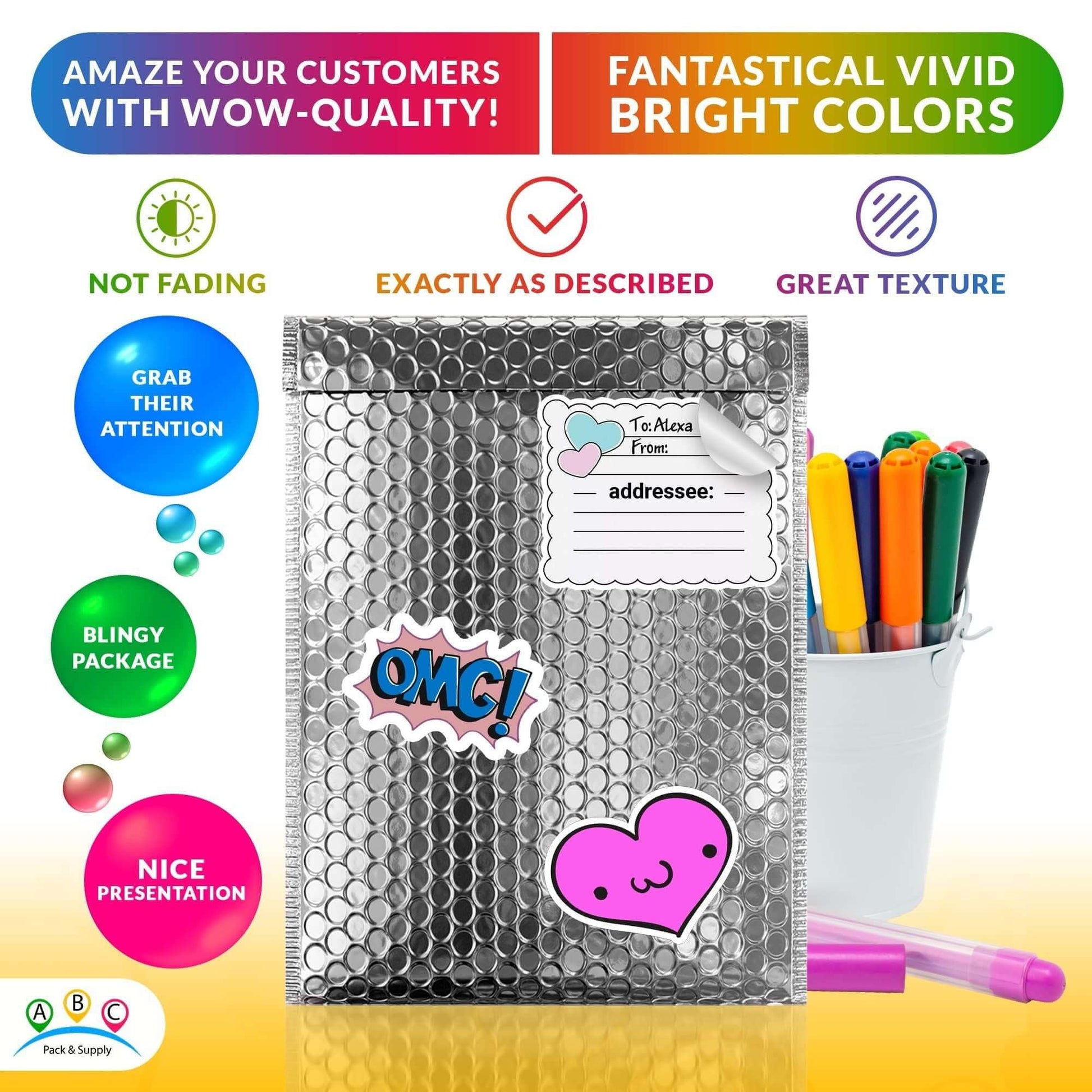 Silver metallic bubble mailer with colorful markers and stickers, highlighting vibrant, attention-grabbing packaging for shipping.