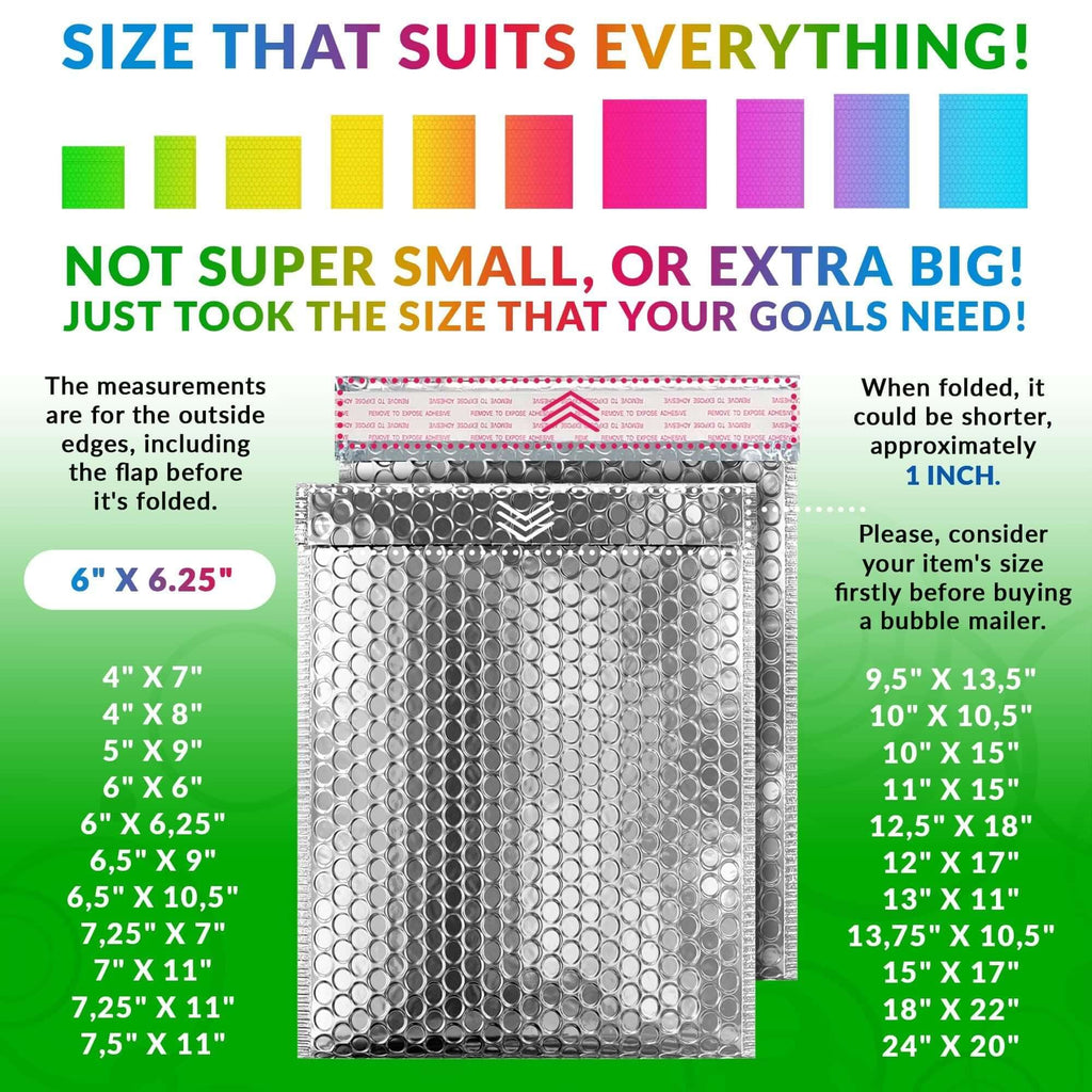 Image showing size options for silver metallic bubble mailers, including dimensions for 6 x 6.25 inches.