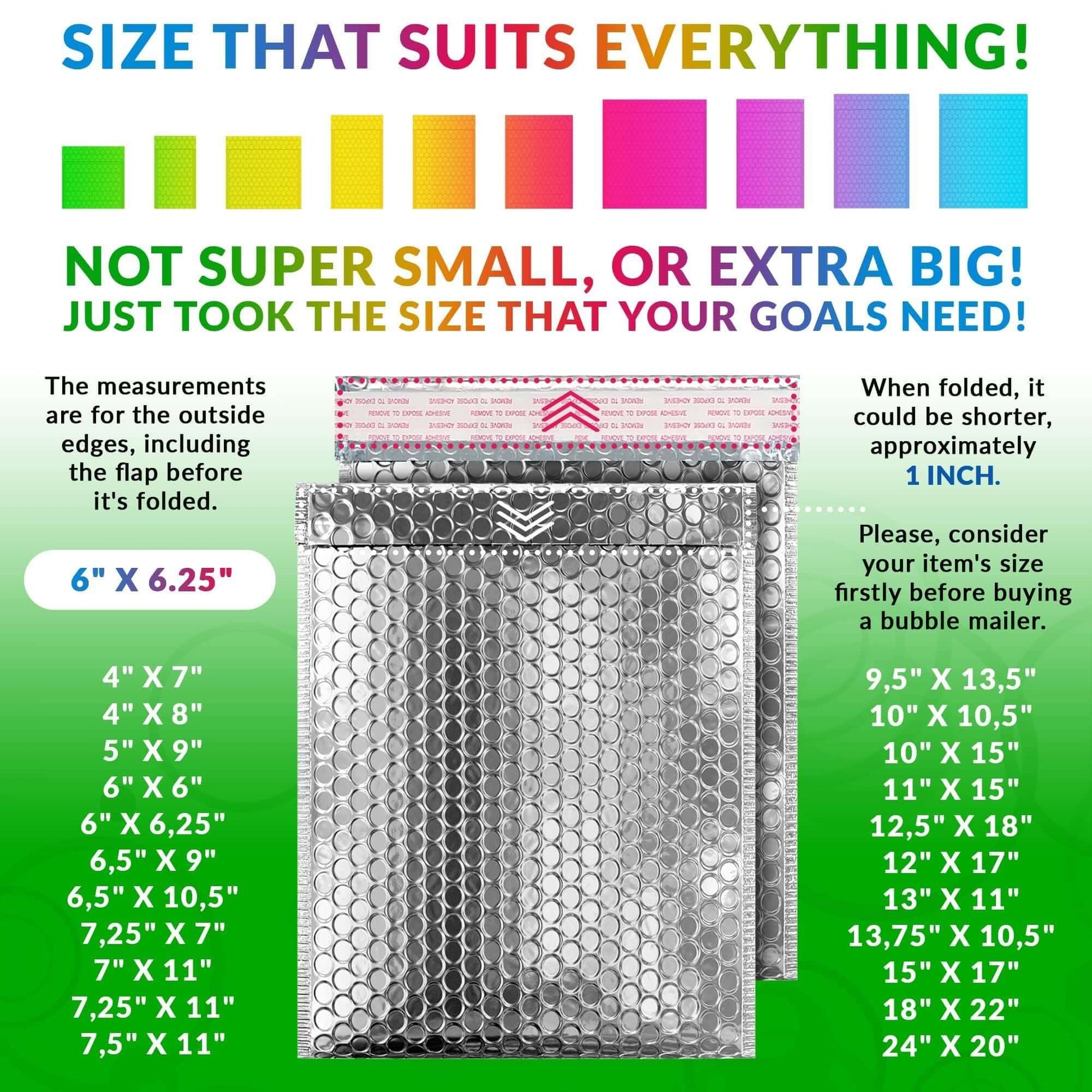 Image showing size options for silver metallic bubble mailers, including dimensions for 6 x 6.25 inches.