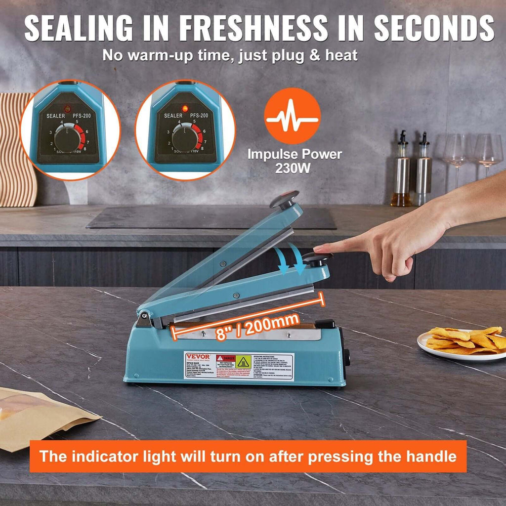 VEVOR 8 inch impulse sealer for quick bag sealing, adjustable heat settings, and 230W power for various materials.