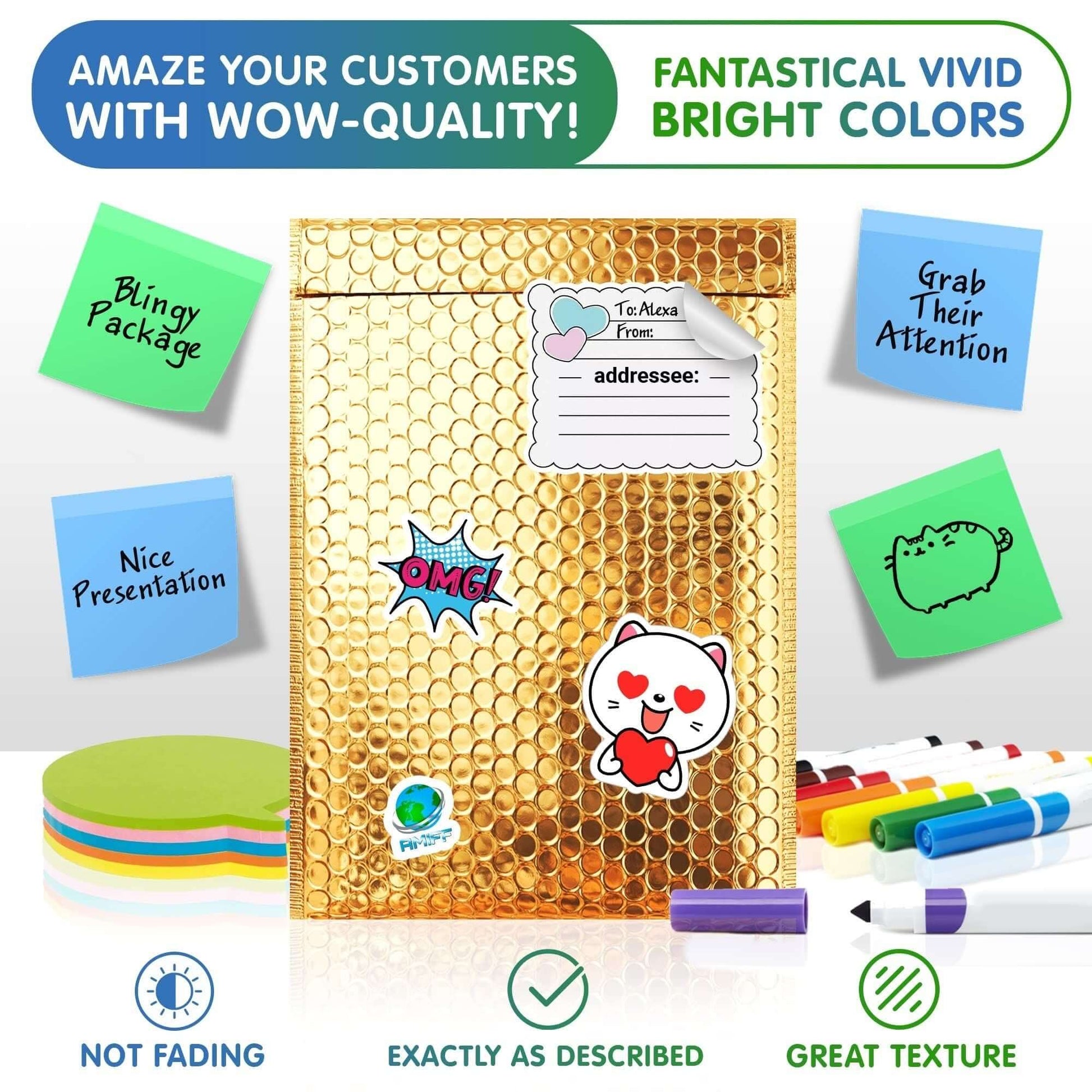 Gold metallic bubble mailer with stickers and colorful markers, showcasing vivid colors and appealing packaging design.