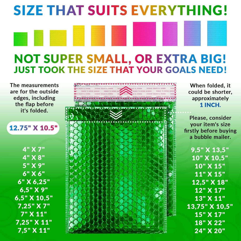 Size guide for green metallic bubble mailers showing various dimensions and styles. Perfect for packaging jewelry and gifts.
