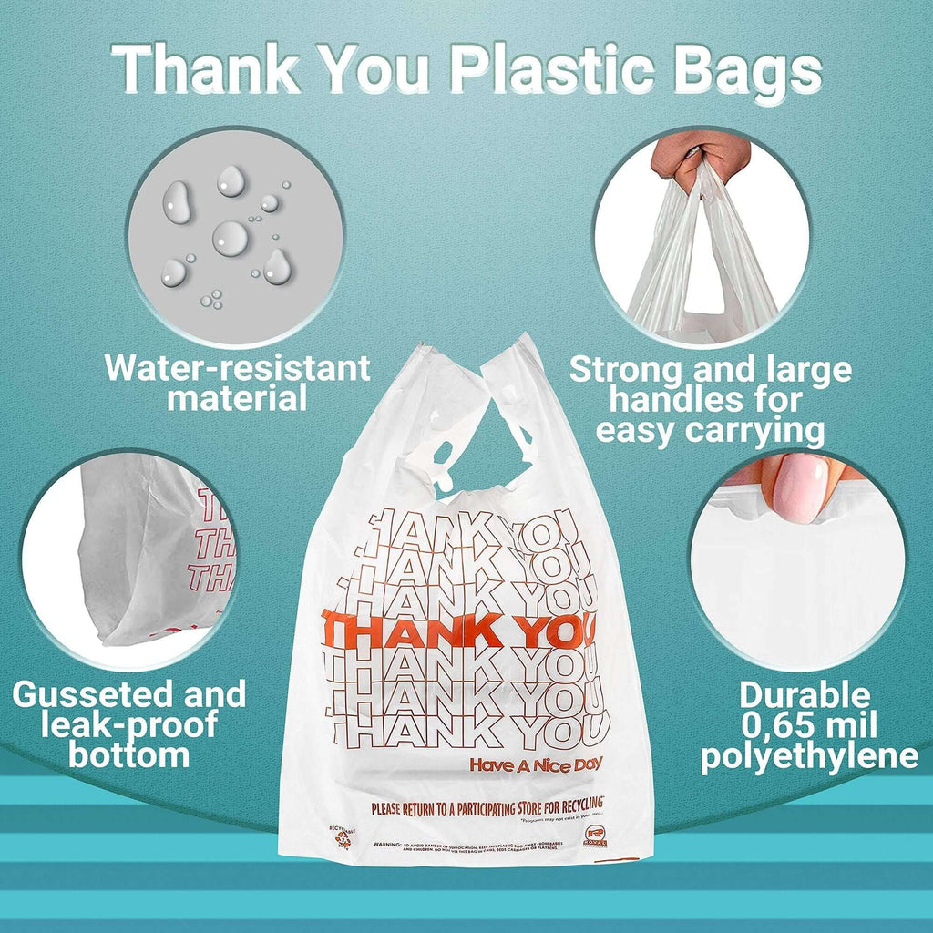 Thank You plastic bags featuring water-resistant material, strong handles, gusseted bottom, and durable 0.65 mil polyethylene.